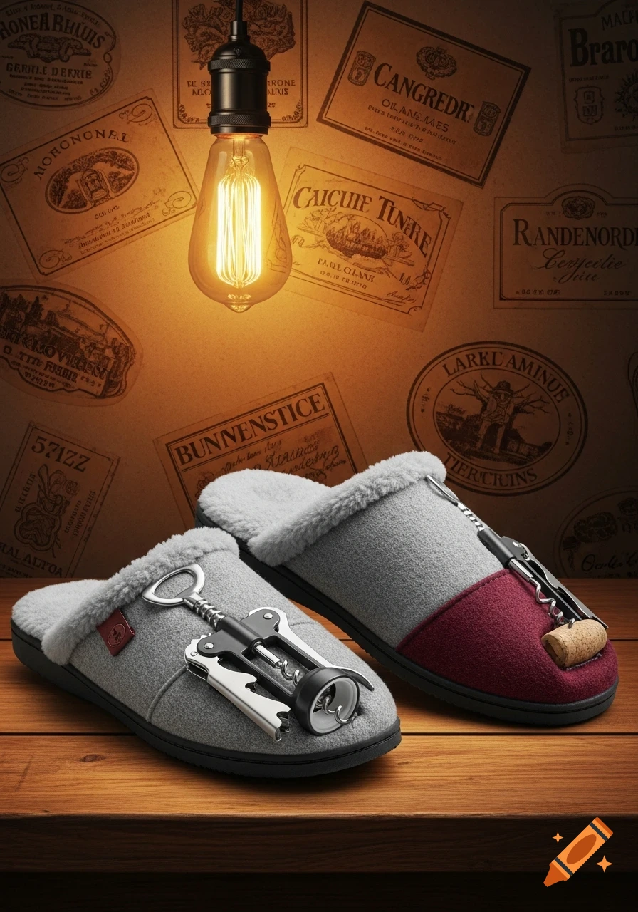 Photorealistic image of two fuzzy slippers, one gray and one gray with maroon, each topped with a corkscrew, on a wooden table under an Edison bulb, with vintage labels on the wall.