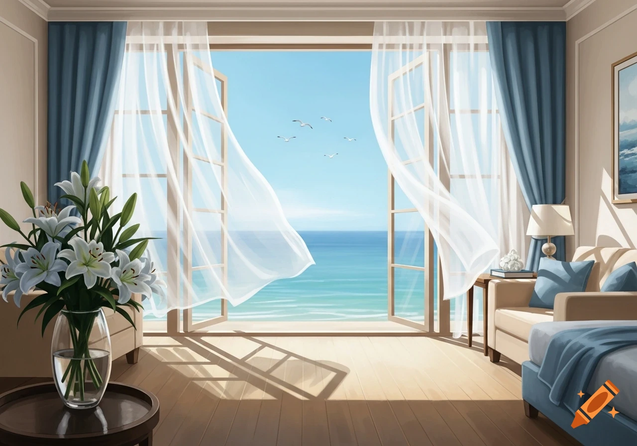 A bright, airy room with an open window overlooking a calm blue ocean, sheer white curtains blowing in the wind, and a vase of white lilies.