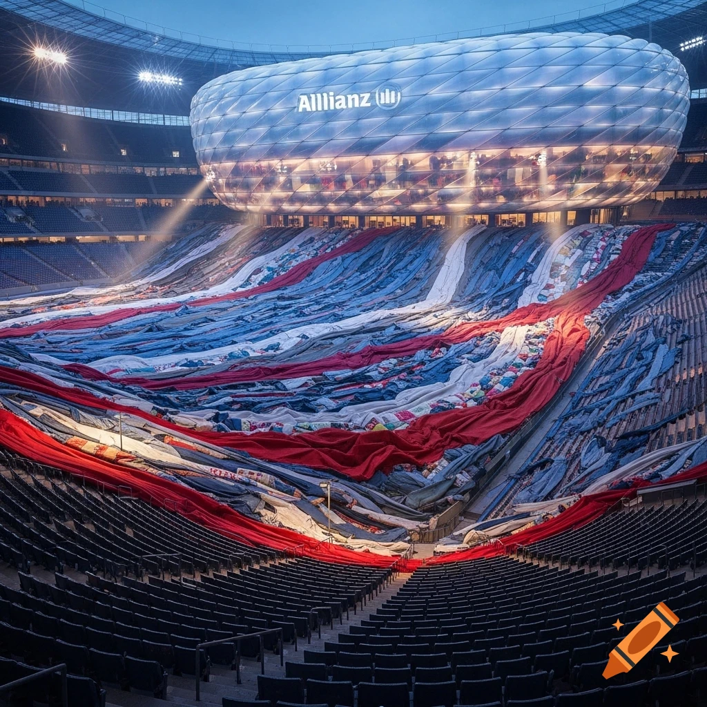 Photorealistic shot of the Allianz Arena stadium interior, with the seating area dramatically filled with a vast display of red, white, blue, and grey clothes.
