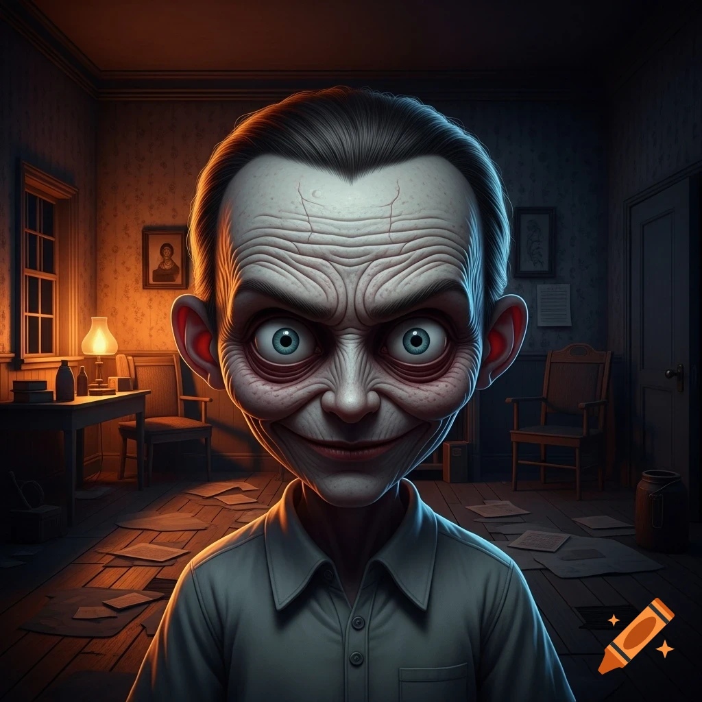 A creepy, wide-eyed caricature with wrinkled skin and a sinister smile stands in a dimly lit, messy room.