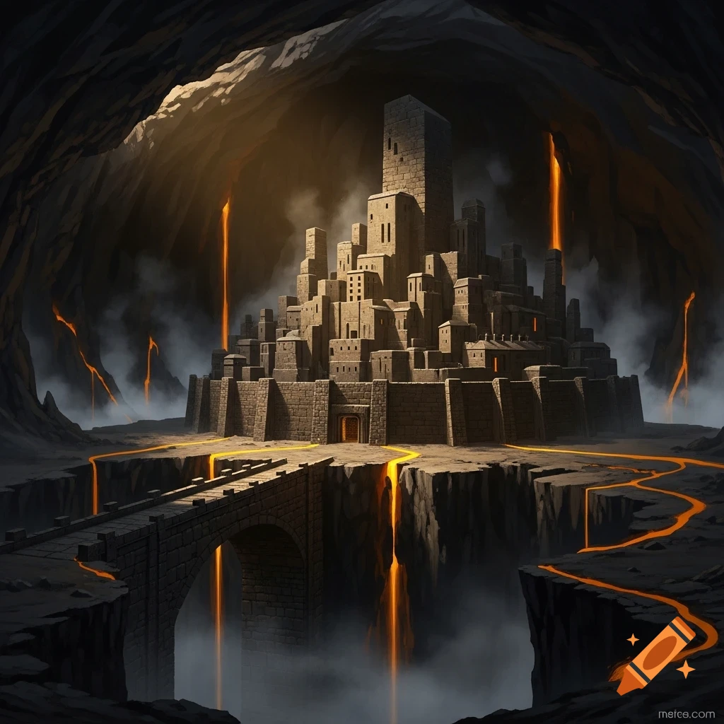 A large stone city built deep inside a dark cave, connected by a bridge over chasms filled with glowing lava.
