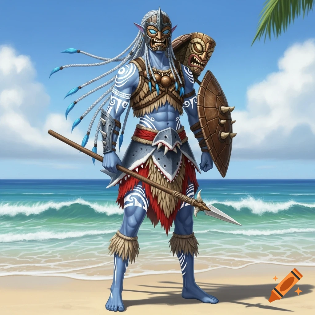 Blue-skinned fantasy warrior with a tiki mask, tribal tattoos, white braids, spear, and shield stands on a tropical beach.