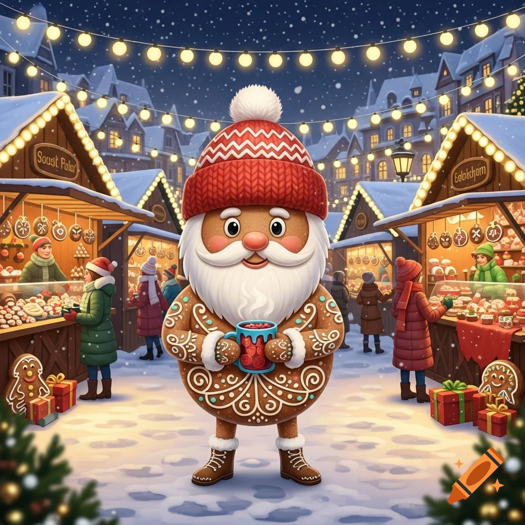 A cute gingerbread man with a red knit hat holds a steaming mug in a snowy Christmas market illuminated by string lights.