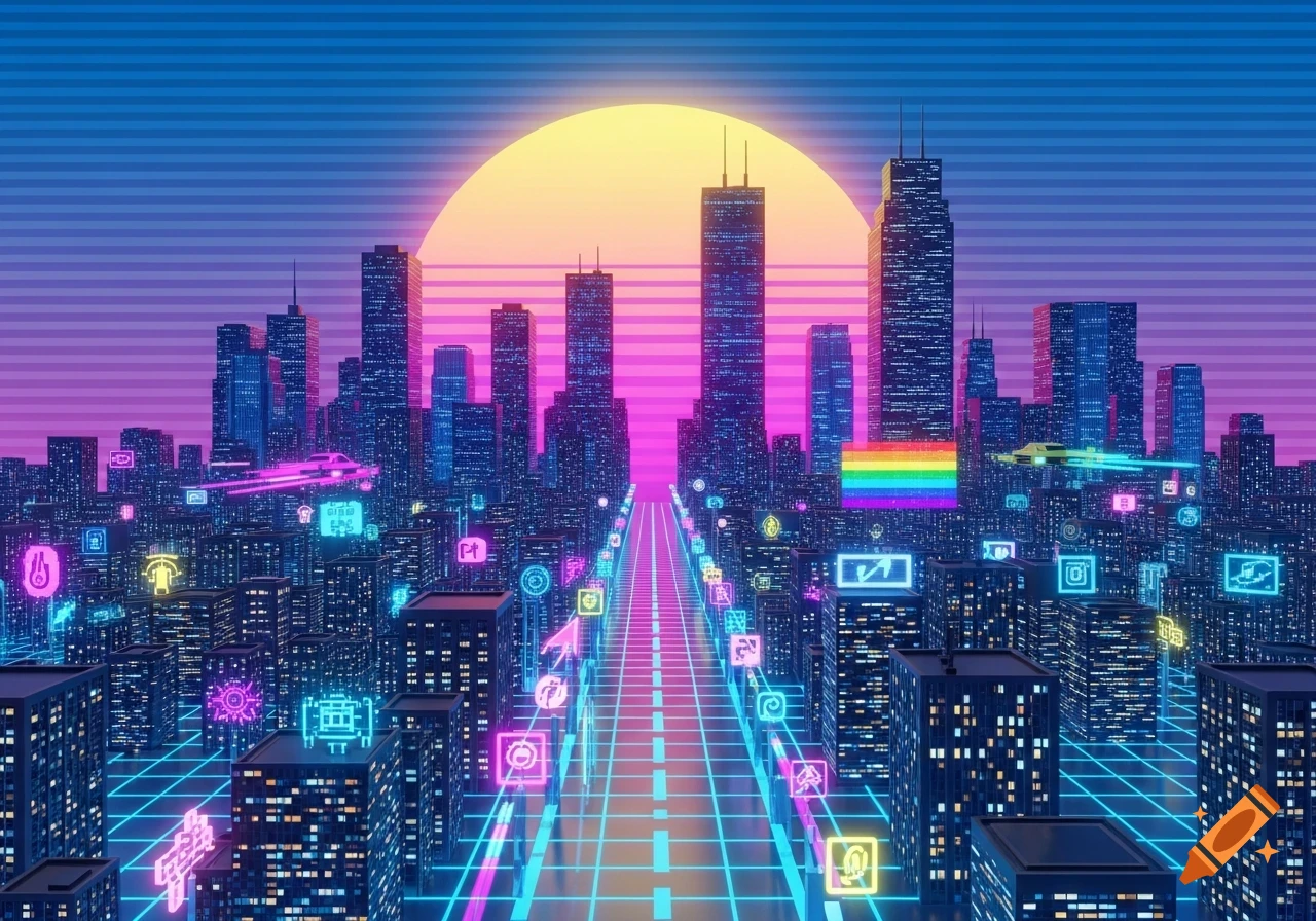 A vibrant synthwave cityscape with neon lights, flying cars, and a rainbow flag under a large setting sun against a striped sky.