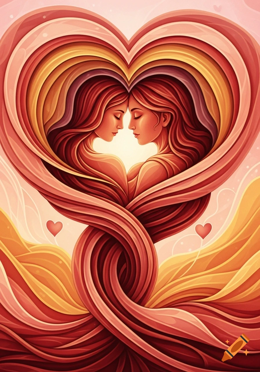 Abstract digital art of two women's profiles facing each other, intertwined by flowing red, pink, and gold shapes forming a heart.