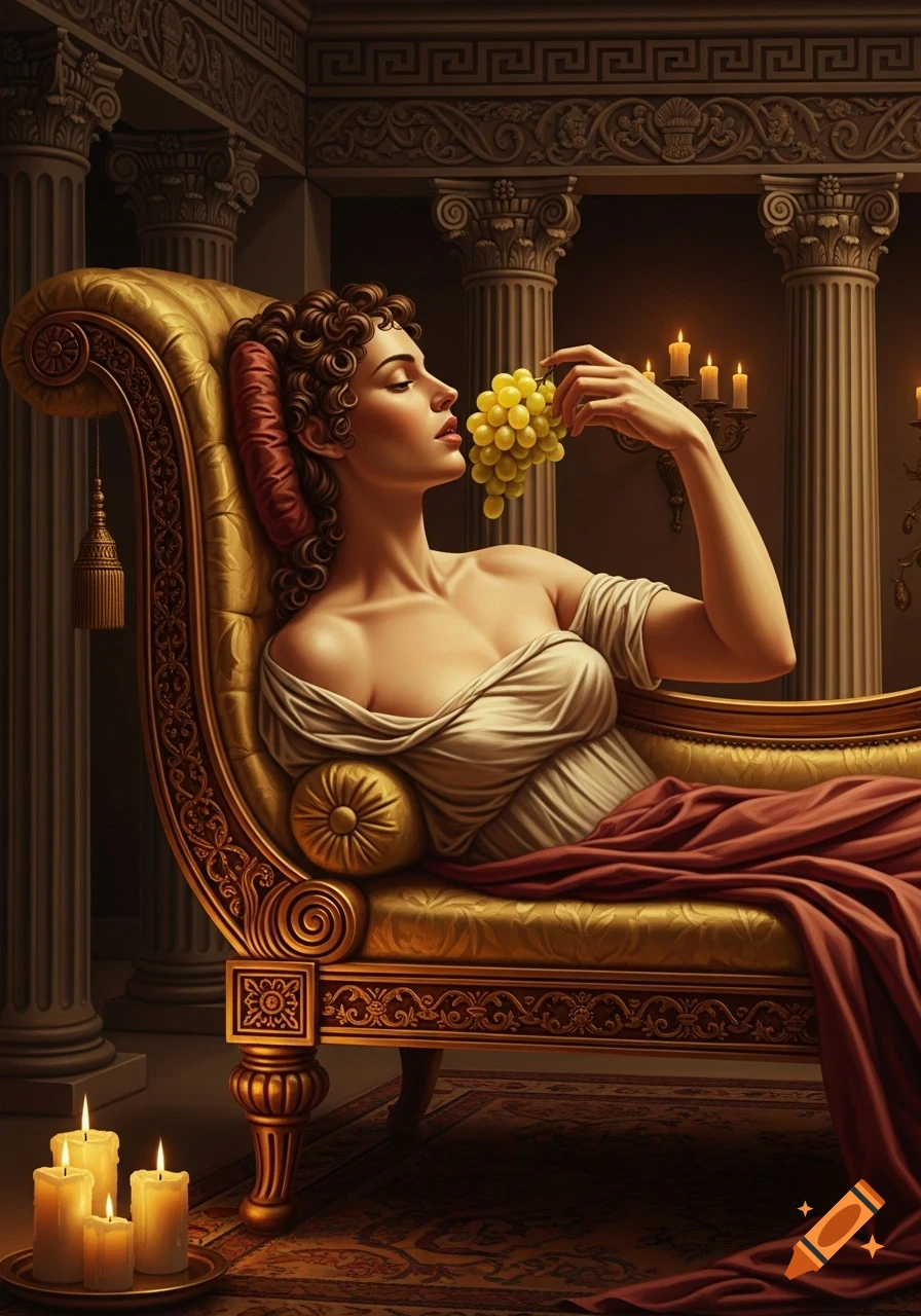A classical-style image of a woman reclining on a golden chaise lounge, holding green grapes. Columns and lit candles are in the background.