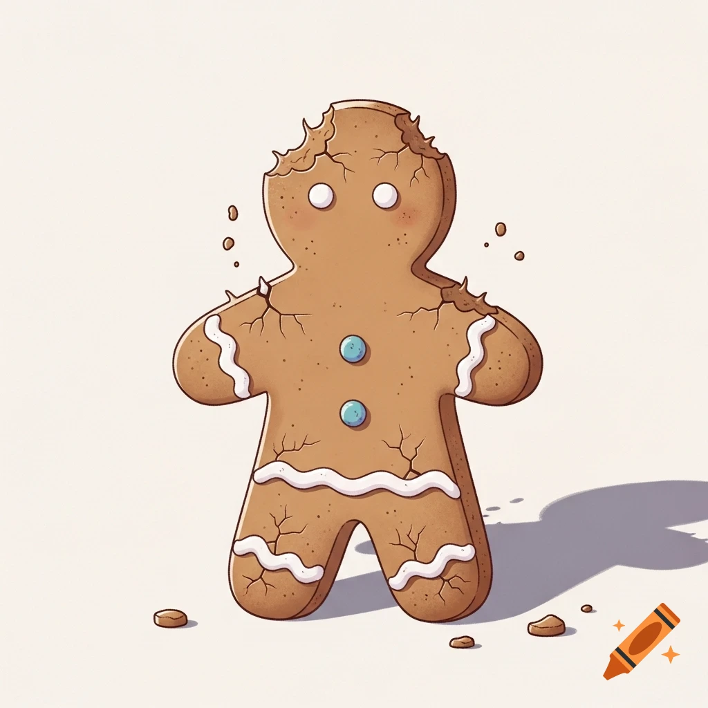 A soft, emotional illustration of a cracked gingerbread person with missing pieces from its head and arms and scattered crumbs.