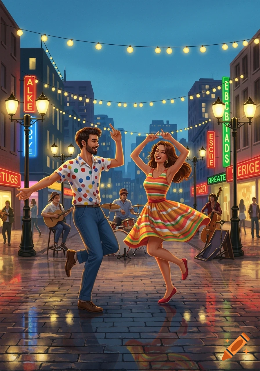 A man and woman joyfully dance in a vibrant city street at dusk, illuminated by string lights and neon signs, with musicians in the background.