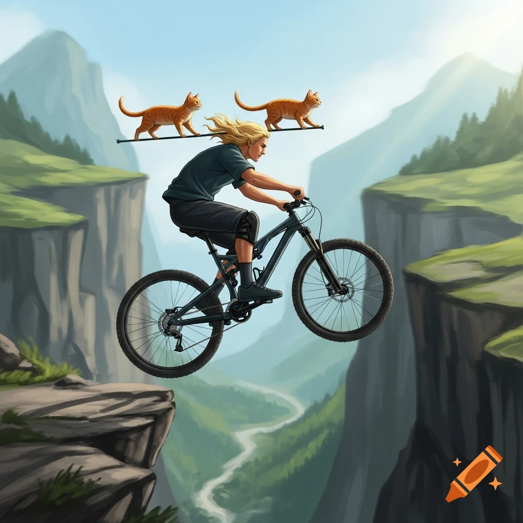 A blonde man on a mountain bike jumps over a cliff gap with two ginger cats balancing on a bar, mountainous landscape.