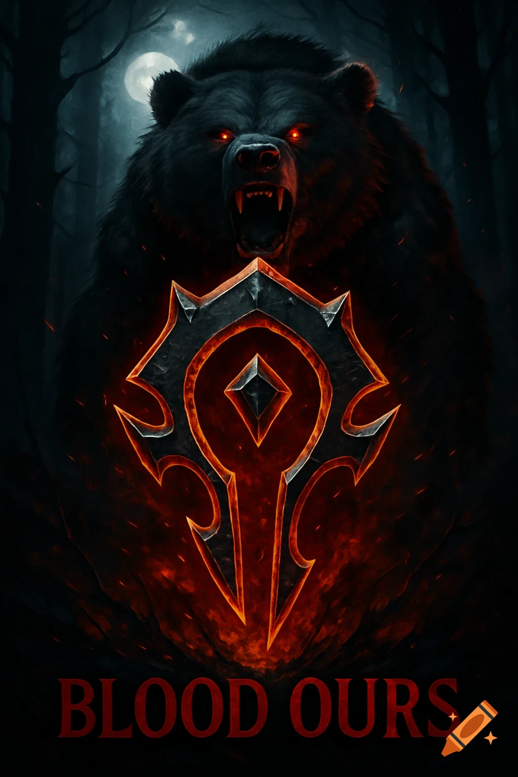 A roaring black bear with glowing red eyes in a dark forest, partially hidden by a large, glowing red and silver World of Warcraft Horde symbol. Red text at the bottom reads "BLOOD OURS".