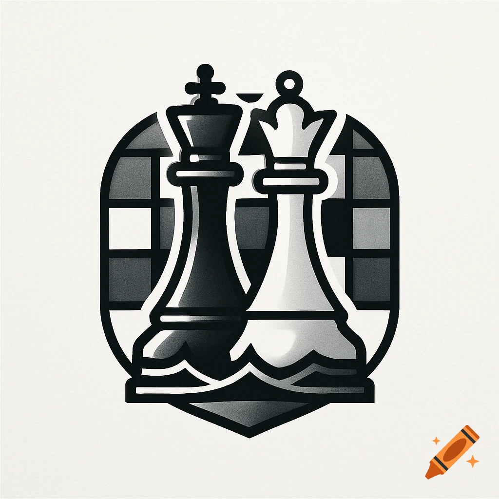 A logo featuring a black chess king and a white chess queen against a checkered background within a shield emblem.
