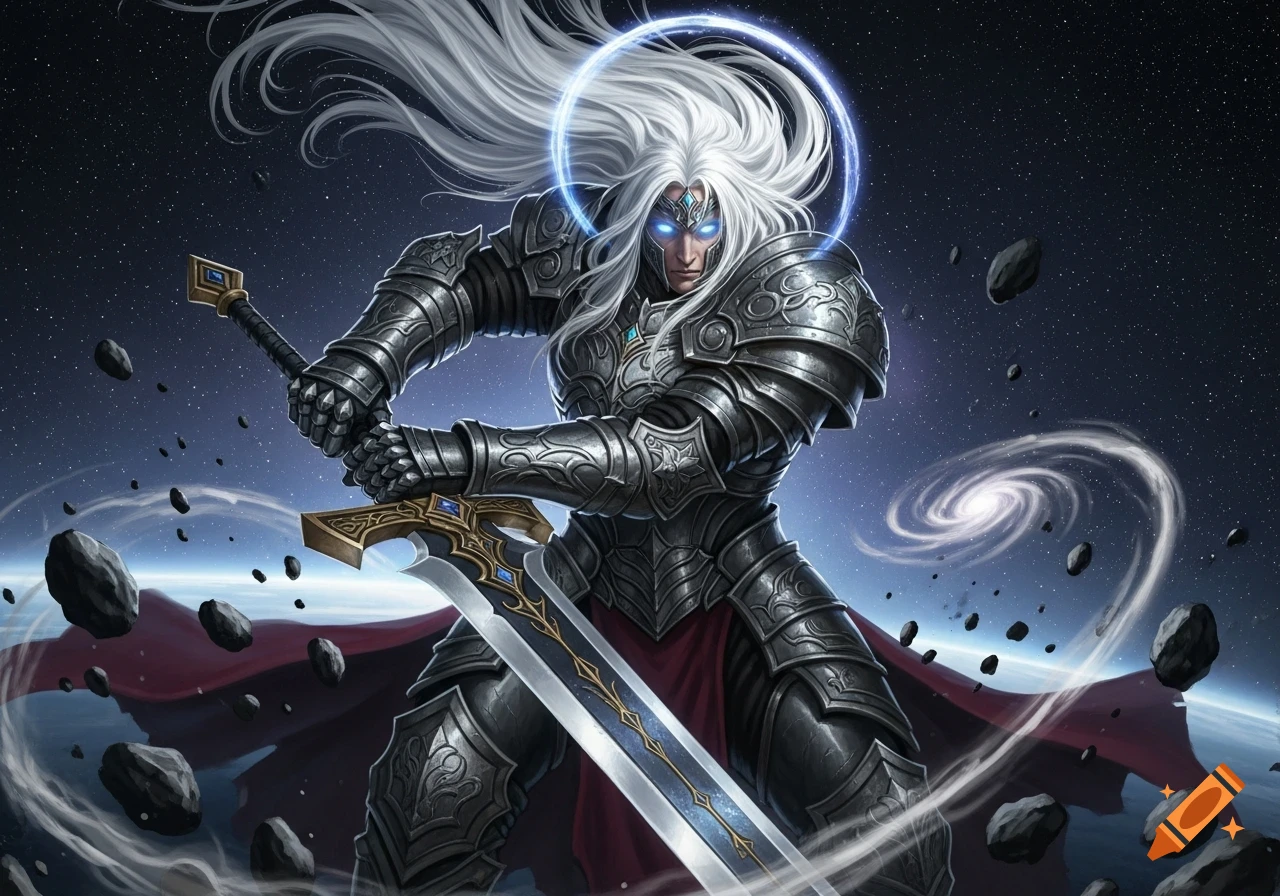 A heavily armored man with long white hair and glowing blue eyes wields ...
