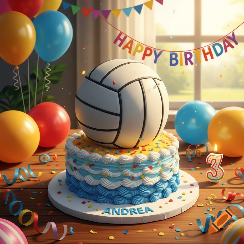 A birthday cake with a volleyball on top, decorated with blue and white icing, sprinkles, and 'ANDREA' text. Surrounded by colorful balloons, streamers, and a 'HAPPY BIRTHDAY' banner.