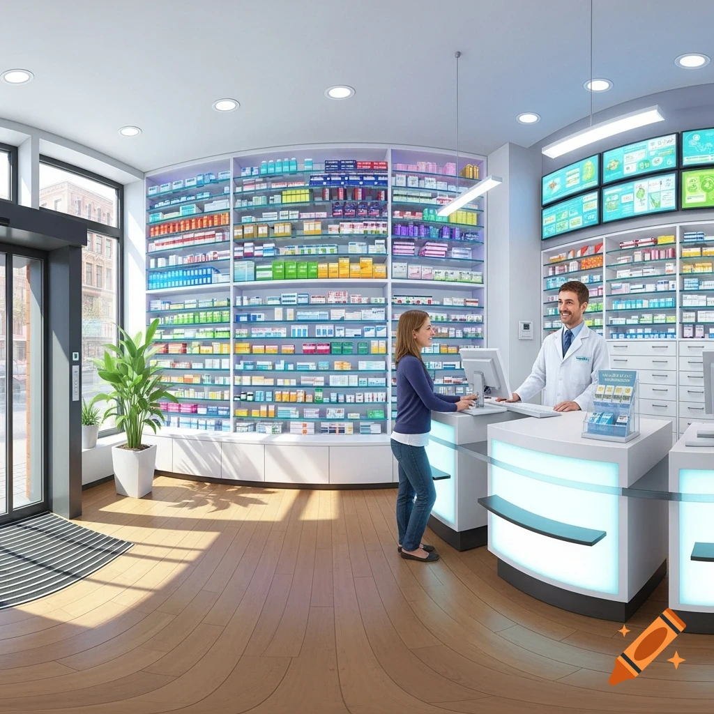 Photorealistic 360-degree view of a modern pharmacy with a pharmacist assisting a customer at a bright counter.