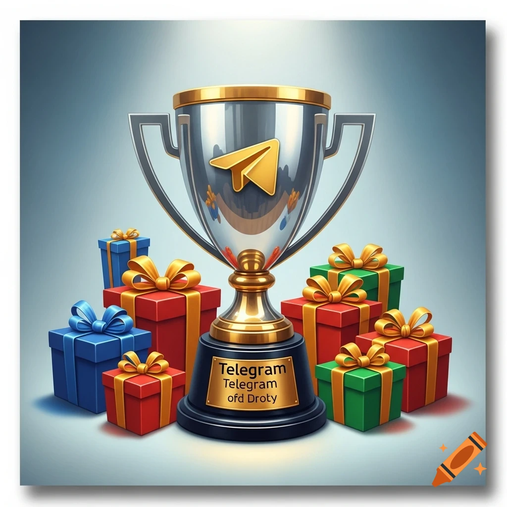 A shiny silver trophy with gold accents and a gold paper airplane Telegram logo, surrounded by red, blue, and green gift boxes with gold ribbons on a light blue gradient background.