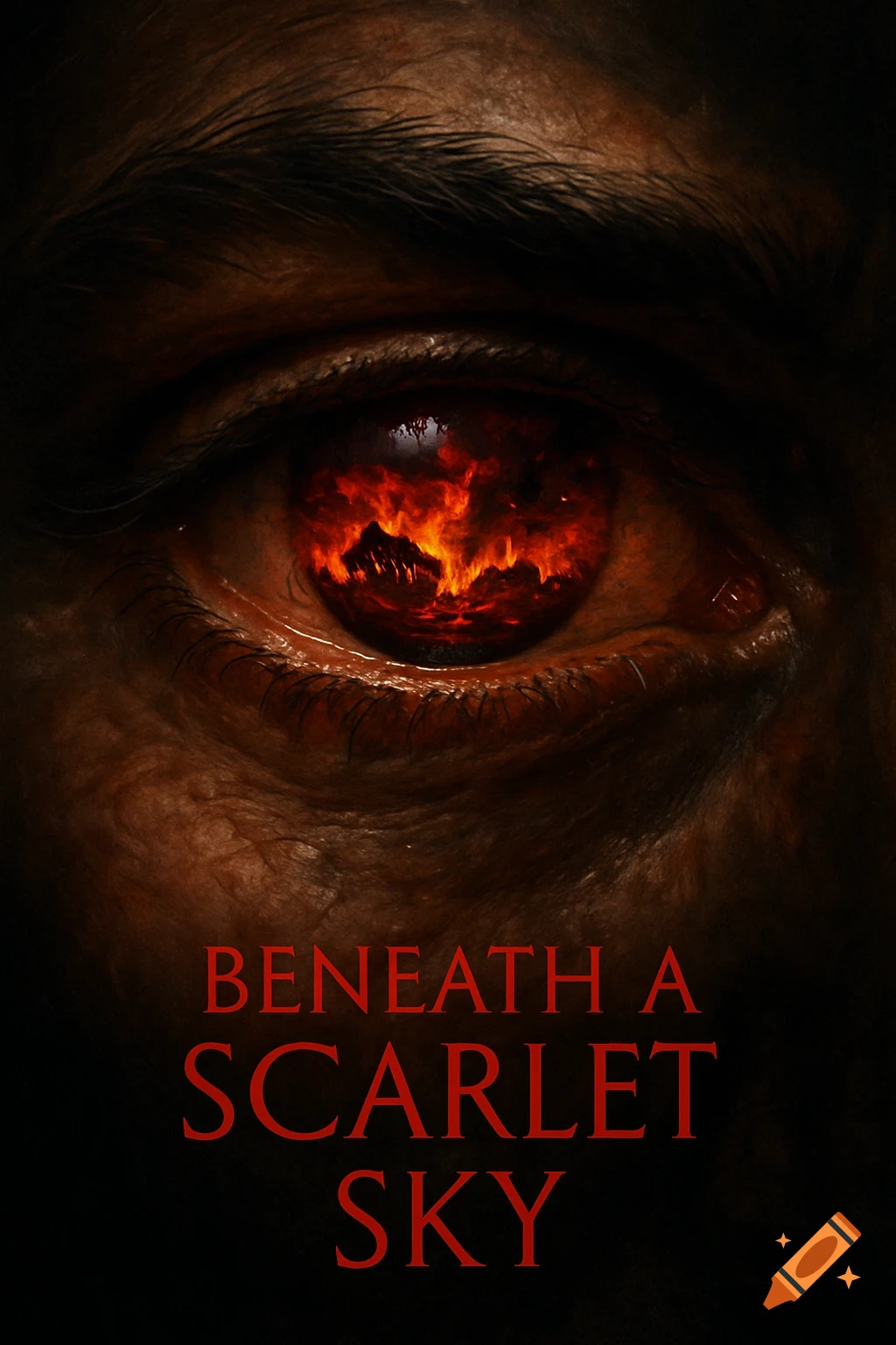 Close-up of a human eye with a fiery landscape of burning houses reflected in the iris, and the text 'Beneath A Scarlet Sky'.