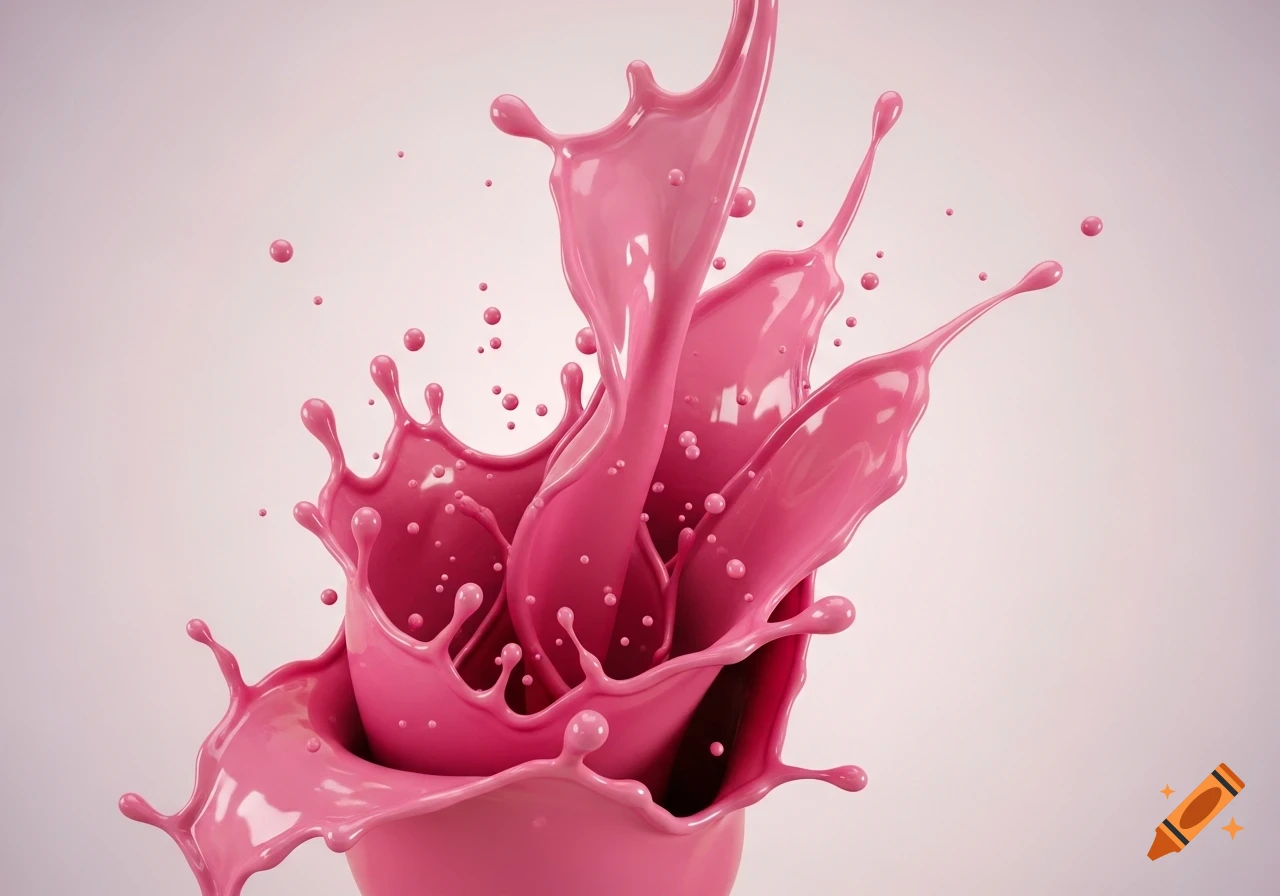 Dynamic splash of bright pink liquid against a light background, appearing to erupt from a cup.