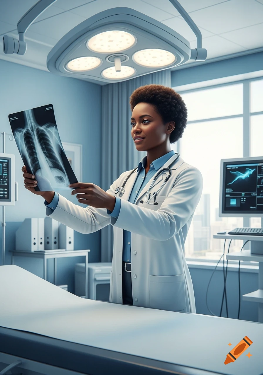 A young Black female doctor in a white lab coat examines an X-ray film in a bright medical examination room.