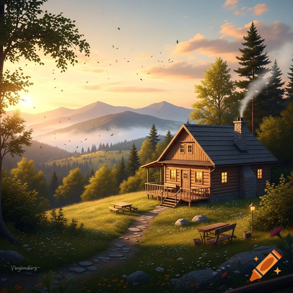 Cozy wooden cabin on a grassy hillside overlooking misty mountains at sunset, with a winding stone path.
