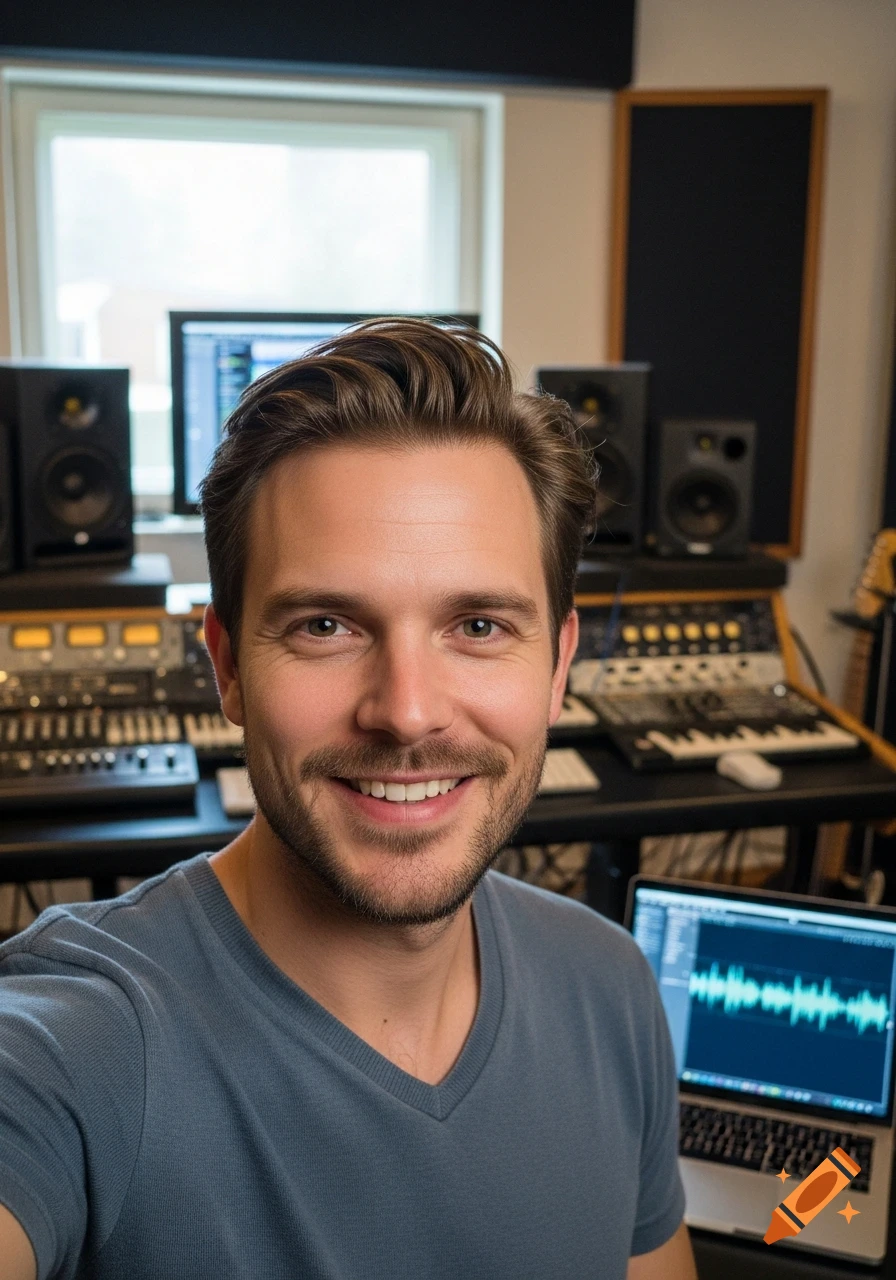 A smiling man takes a selfie in a home recording studio, surrounded by audio equipment and a laptop displaying a waveform.