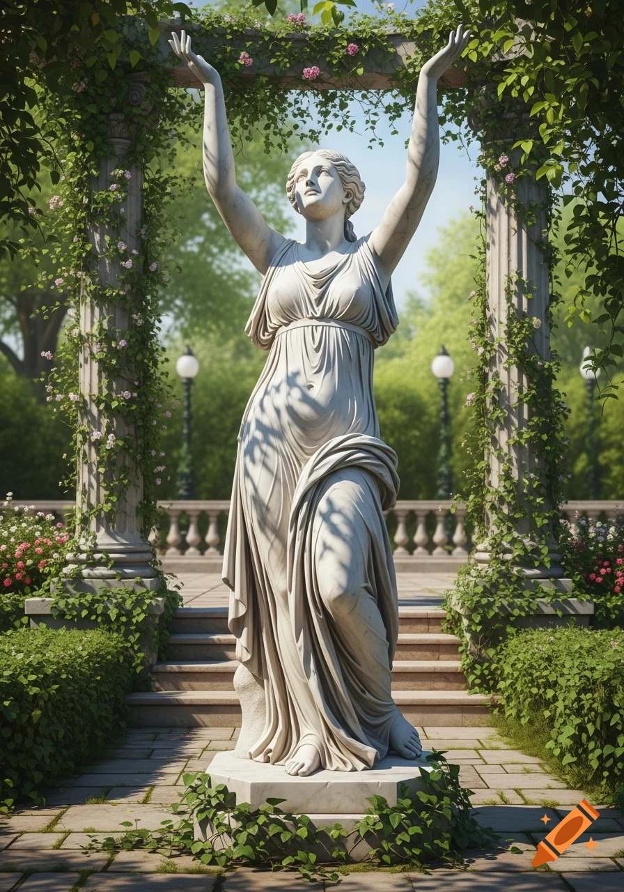 A white marble classical statue of a woman with draped clothing and arms raised, standing in a lush garden with vine-covered archways.
