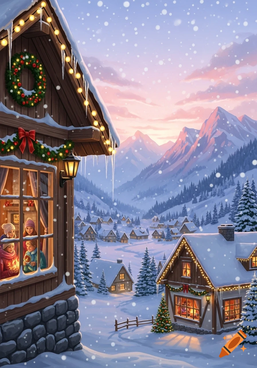 A picturesque winter village scene with snow-covered houses, festive lights, and mountains under a pastel sky. People look out from a window.