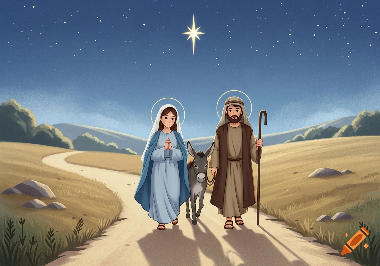 Cartoon illustration of Mary and Joseph walking with a donkey on a path under a starry night sky with the Star of Bethlehem.