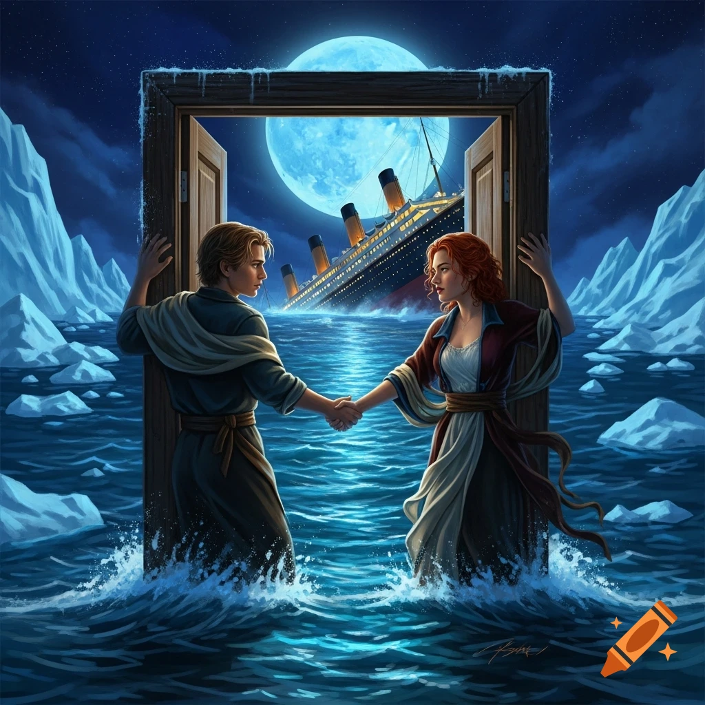 Jack and Rose from Titanic stand in icy waters, holding hands through a door frame as the Titanic sinks under a full moon.