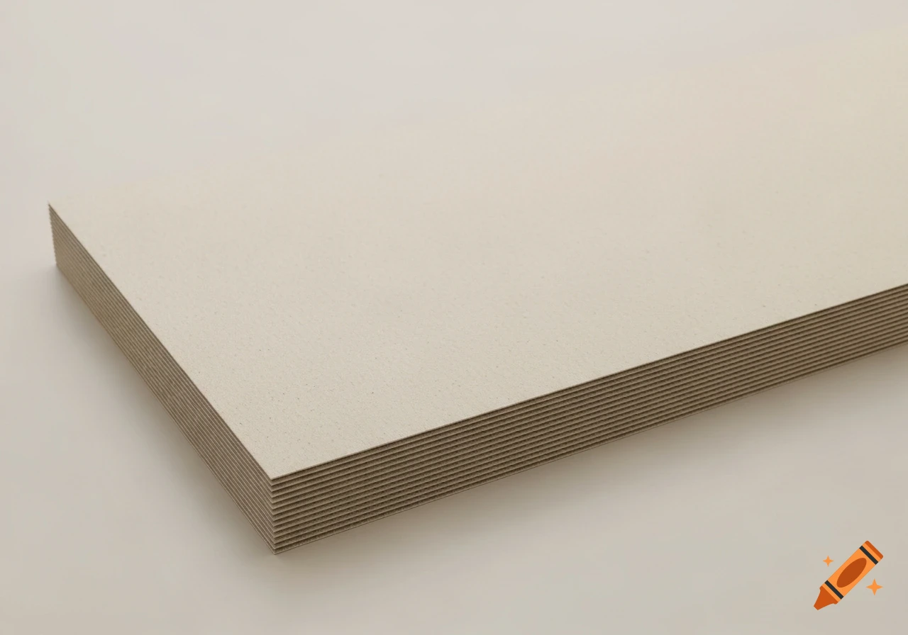 A stack of light beige cardboard sheets with visible paper fibers on a neutral background, shot with soft, even lighting.