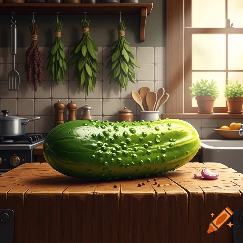 A large, green pickle covered in water droplets rests on a wooden cutting board in a sunlit kitchen.