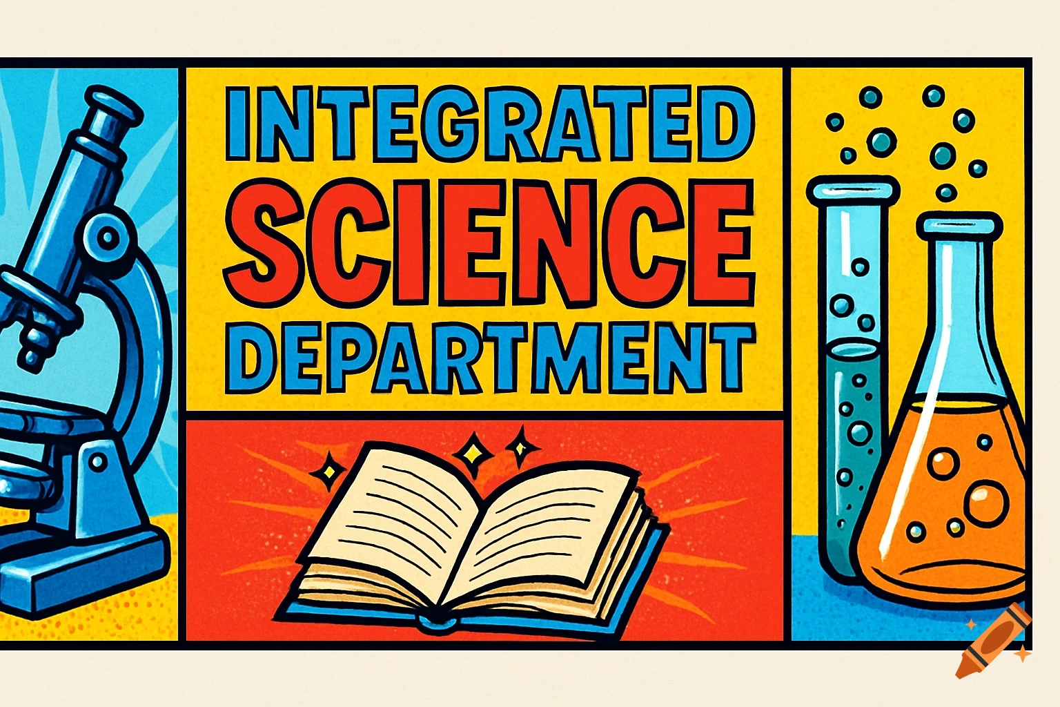 Pop art style banner for Integrated Science Department with a microscope, open book, and lab equipment.