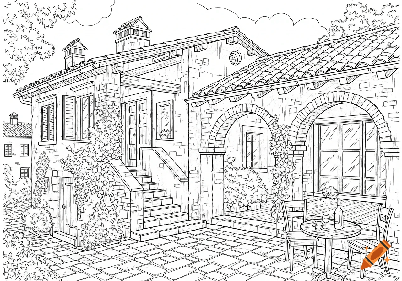 Black and white line art of an Italian-style house and patio, with a tiled roof, stone steps, ivy, arches, and a table with wine.