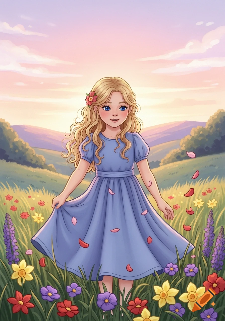 A smiling blonde cartoon girl in a blue dress stands in a vibrant field of colorful flowers under a pastel sunset sky.