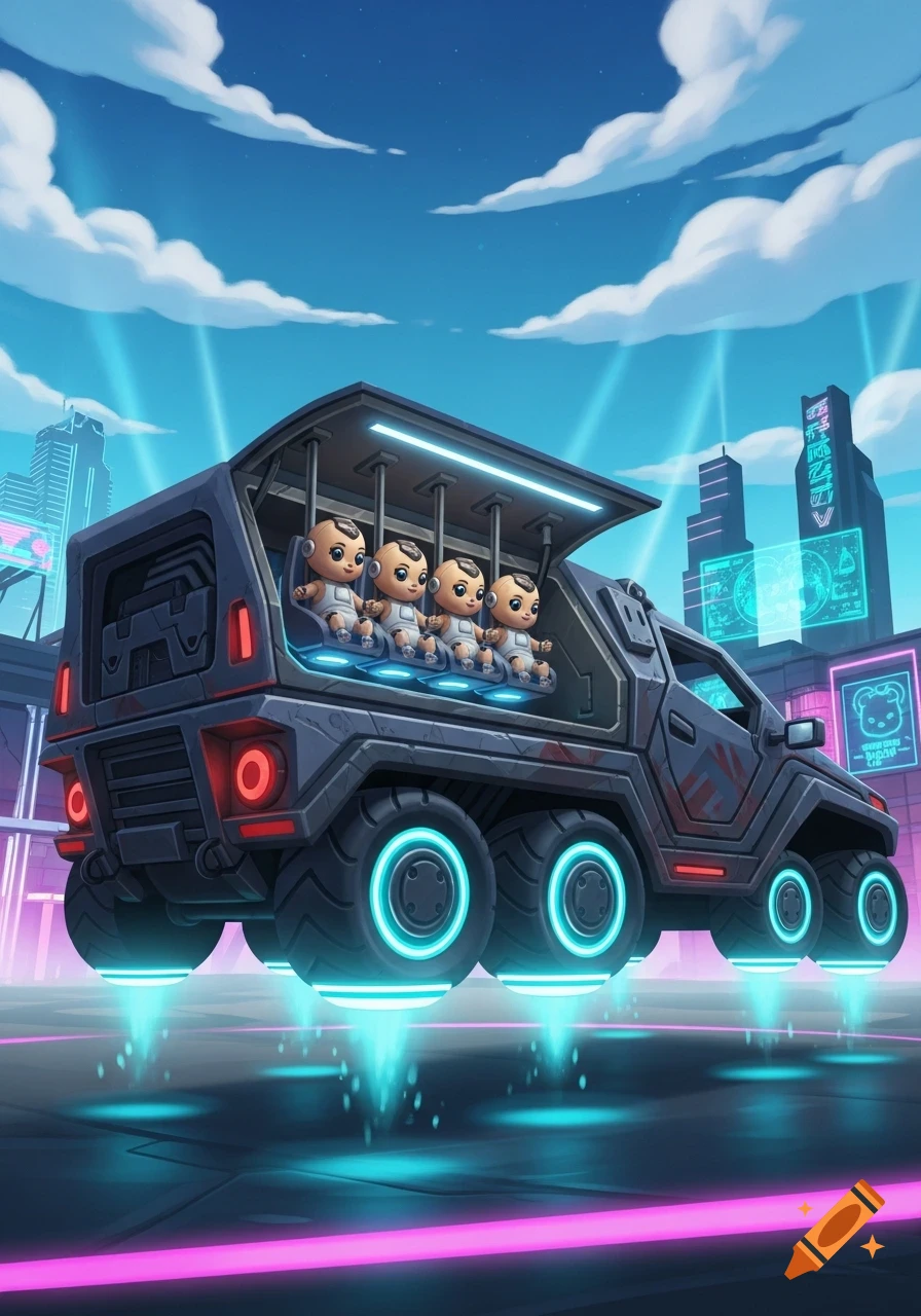 A stylized, dark gray six-wheeled futuristic vehicle with glowing blue wheels hovers over a neon-lit street in a cityscape, carrying four cartoon babies in its open back.