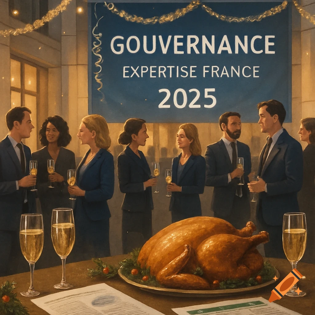 Business professionals at a corporate holiday party with a roasted turkey, champagne, and 'GOUVERNANCE EXPERTISE FRANCE 2025' banner.
