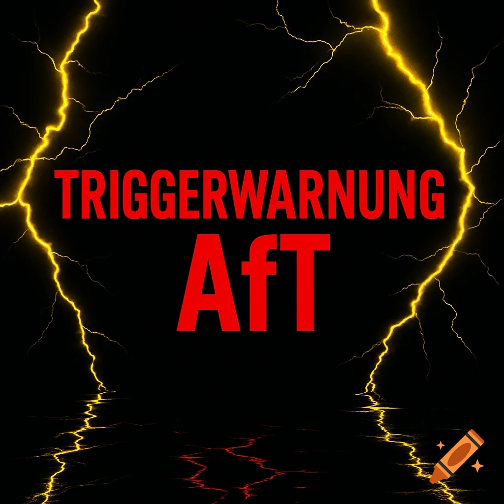 Red text 'TRIGGERWARNUNG AfT' on a black background, surrounded by yellow lightning bolts with reflections.