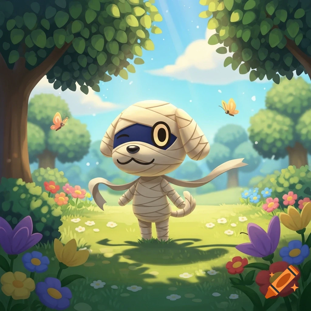 Lucky, the mummy dog from Animal Crossing, winks and smiles in a sunny, vibrant forest clearing with colorful flowers and butterflies, in a cartoon style.