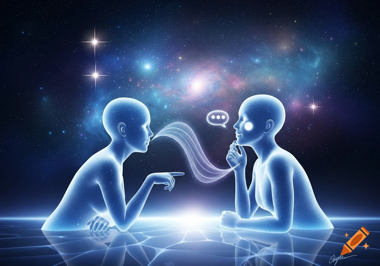 Two ethereal blue figures communicate in space, one pointing and another with a thought bubble, reflecting on a surface.