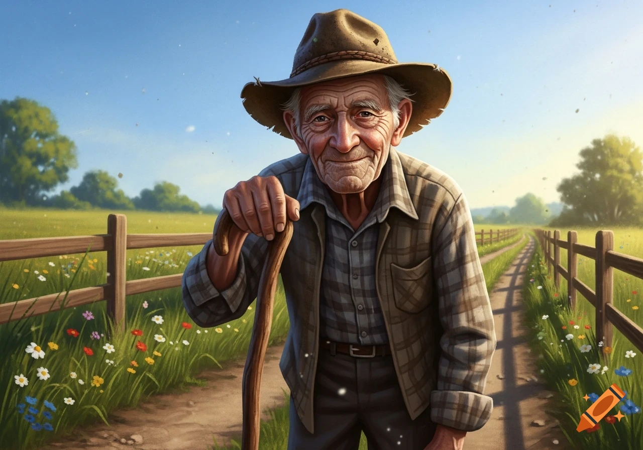 Smiling old man in a hat and plaid shirt leans on a cane on a dirt path lined with wildflowers and a wooden fence under a sunny sky.