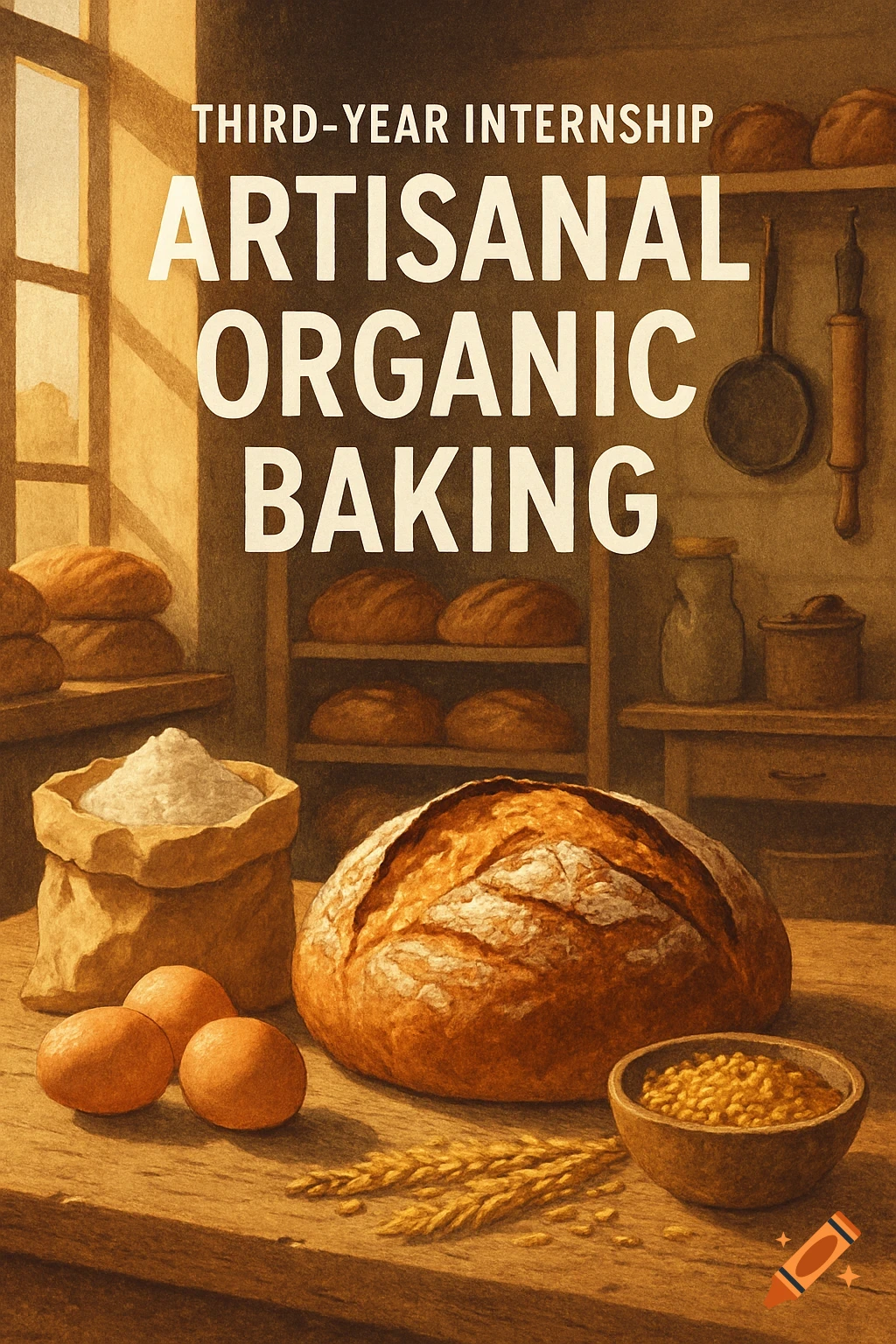 A rustic, painterly image of a baking scene with a large loaf of bread, flour, eggs, and wheat. Text reads 'THIRD-YEAR INTERNSHIP ARTISANAL ORGANIC BAKING'.