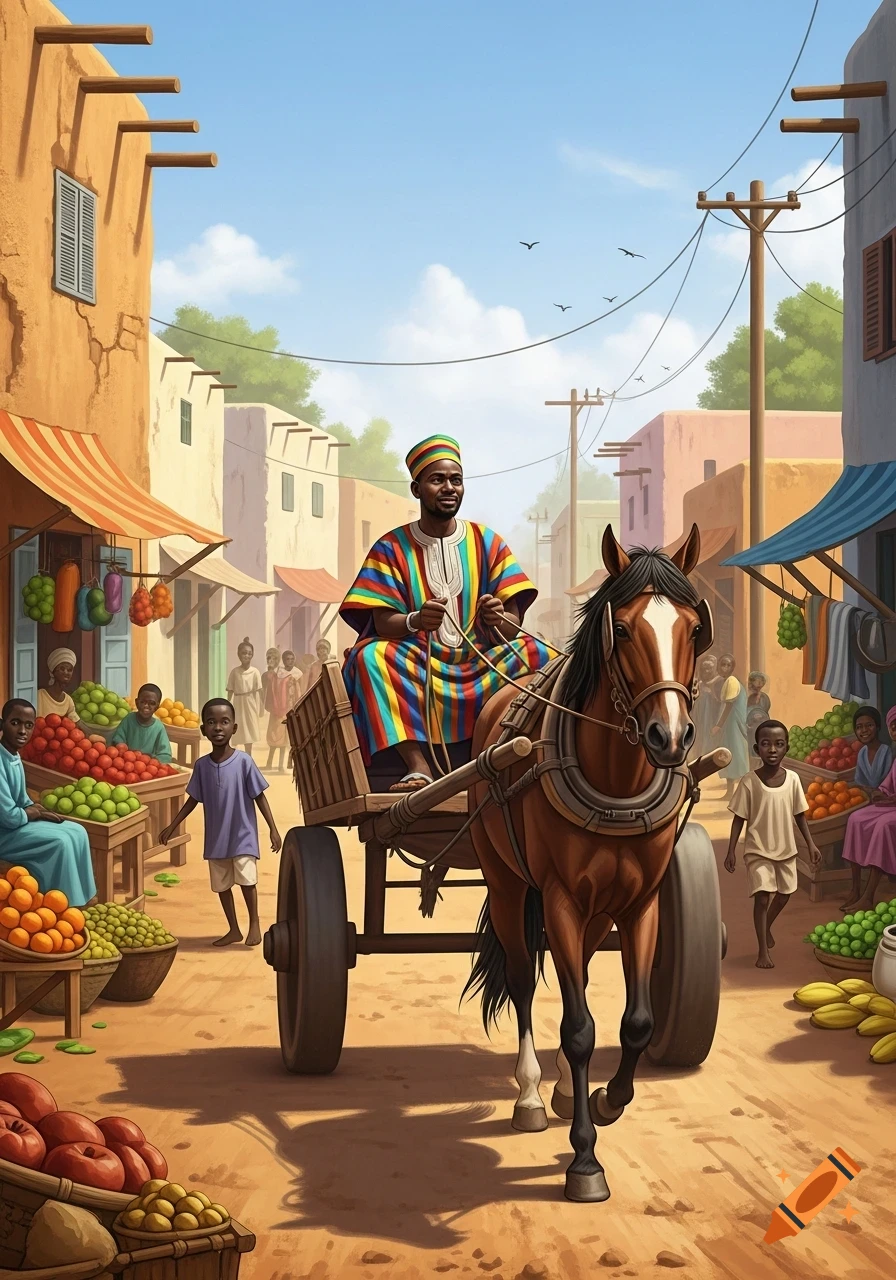 A colorful illustration of a man in a horse cart driving through a bustling African village market.