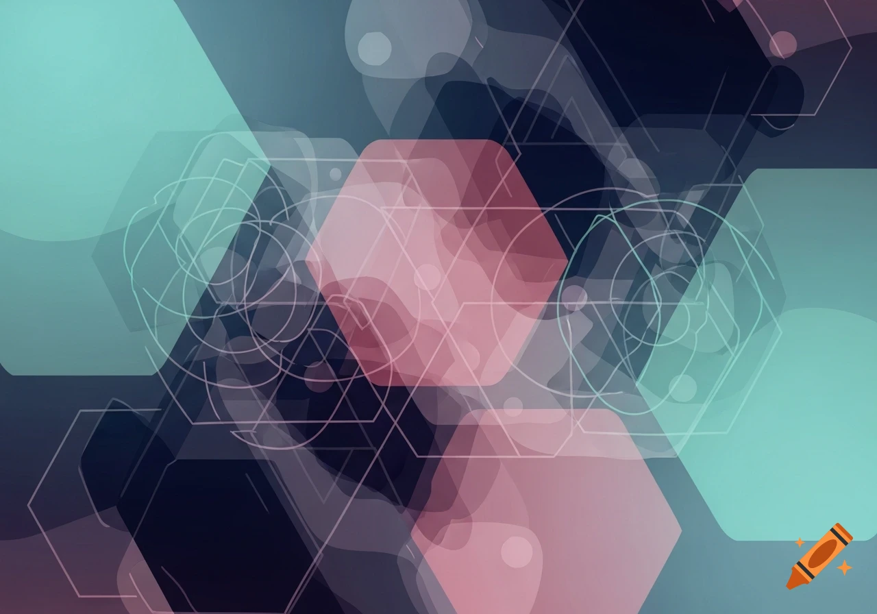 Overlapping transparent hexagons and abstract lines in teal and pink tones on a dark background.