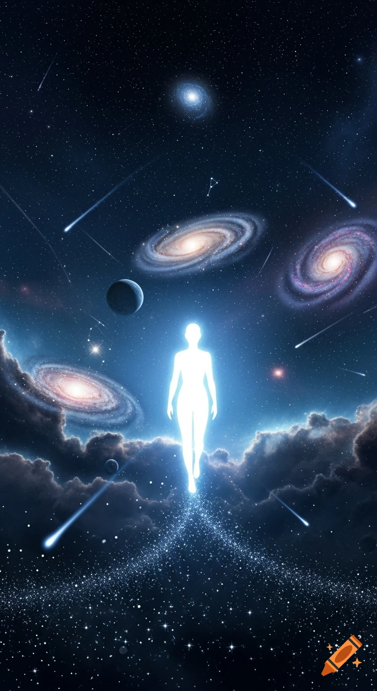 A glowing, gender-neutral silhouette floats upwards in a starry cosmos, surrounded by swirling galaxies, planets, and shooting stars.