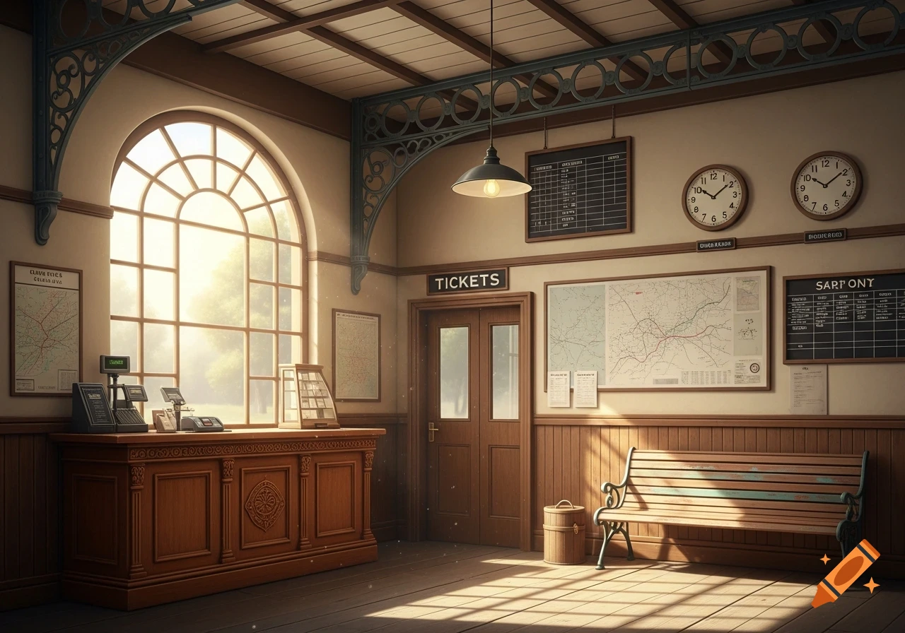 A sunlit old-fashioned train station ticket hall with a large arched window, wooden counter, benches, clocks, and maps on the walls.