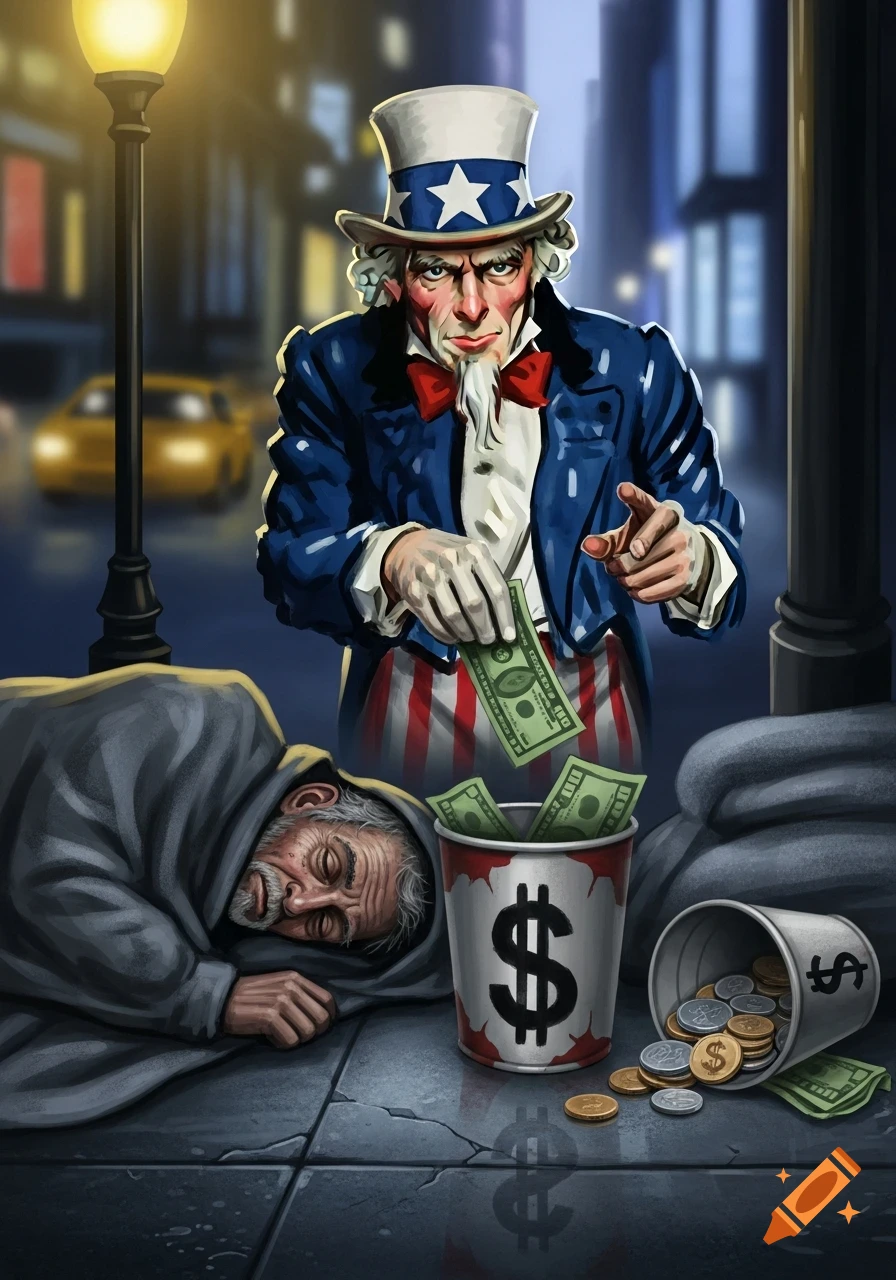 A stylized illustration shows Uncle Sam taking money from a homeless man's cup on a city street.
