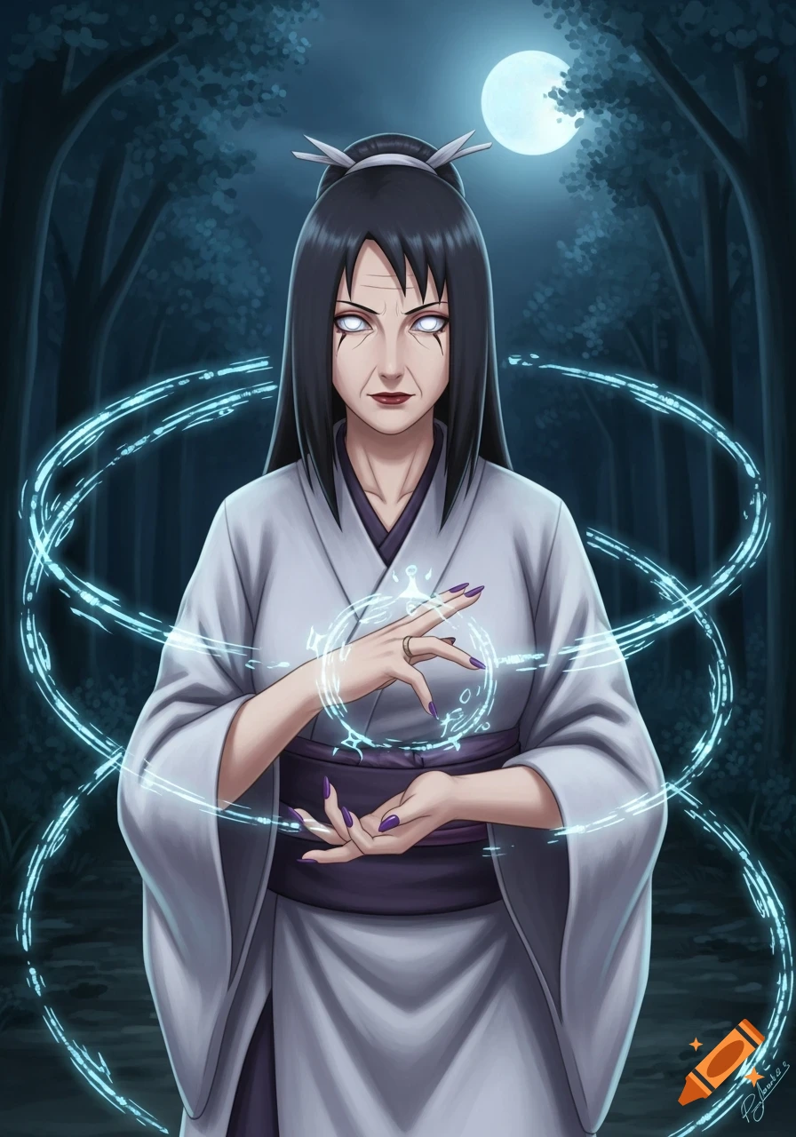 A serious anime woman with white eyes, dark hair, and a white kimono stands in a dark forest, manipulating glowing blue chakra energy.