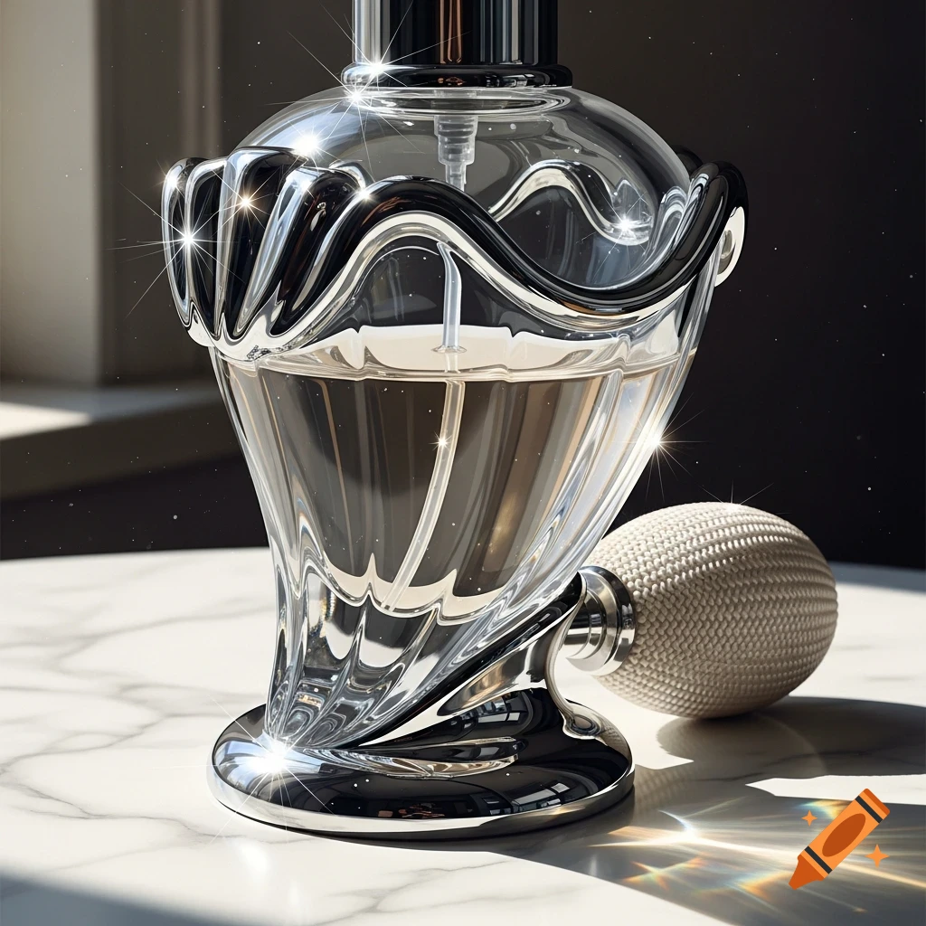 Photorealistic clear glass perfume bottle with chrome accents and a fabric atomizer on a white marble table, sparkling with light.