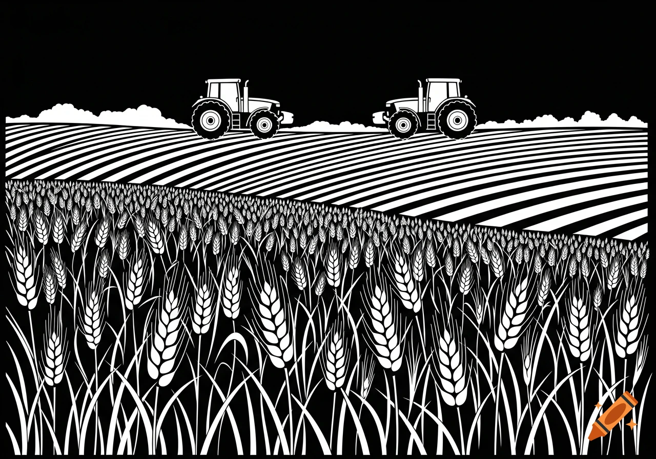 White on black silhouette of a farm scene with two tractors on rolling fields and tall wheat in the foreground.