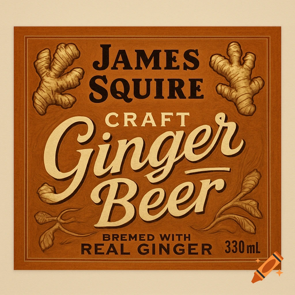 Vintage-style product label for James Squire Craft Ginger Beer, featuring ginger root illustrations, amber and cream colors, and text on a textured brown background.