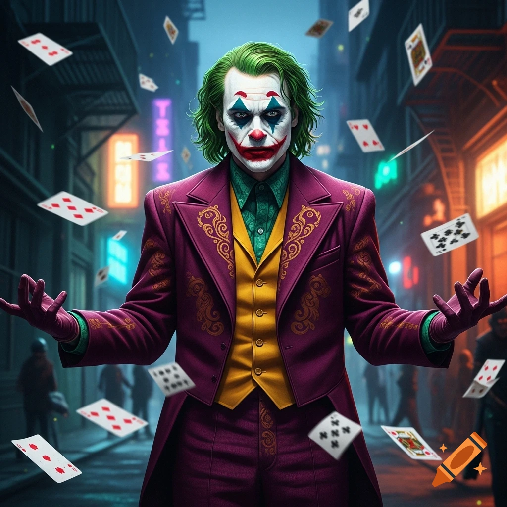The Joker in a purple suit and green hair stands in a neon-lit city alley with playing cards falling around him.